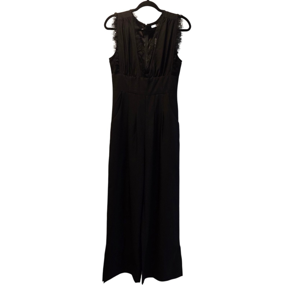 Mi Ami Francesca's Eyelash Lace V-Neck Wide Leg Jumpsuit Black Small Womens Chic